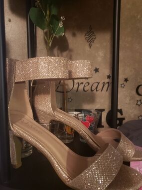 Bella Marie Glitter Gold Ankle-Strap Heels